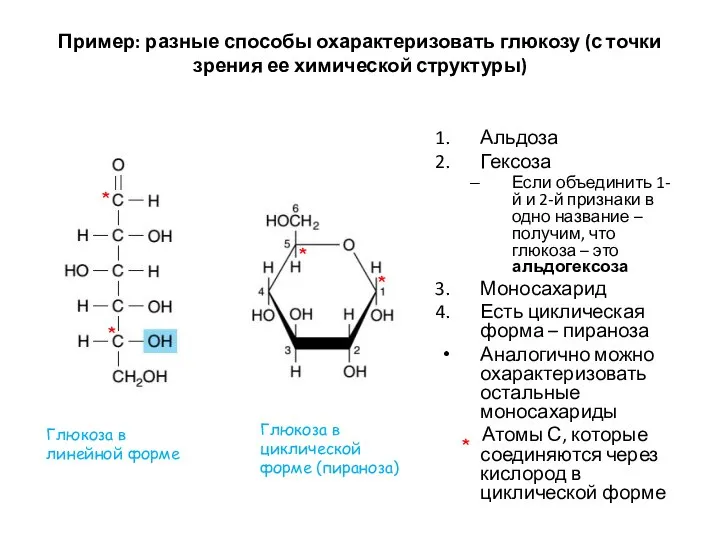 Пример: разные способы охарактеризовать глюкозу (с точки зрения ее химической структуры)