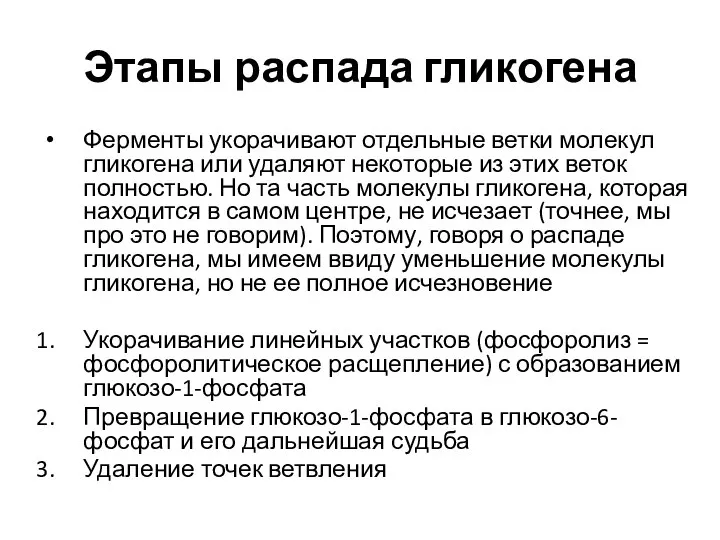 Этапы распада гликогена Ферменты укорачивают отдельные ветки молекул гликогена или удаляют