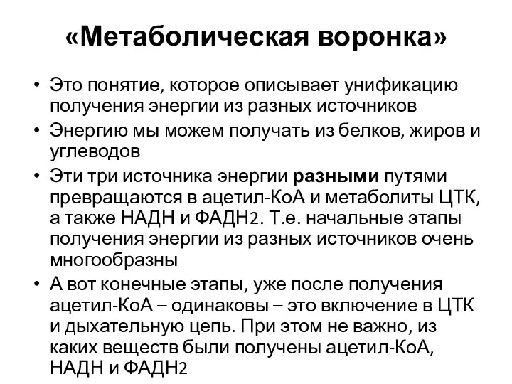 «Метаболическая воронка» Это понятие, которое описывает унификацию получения энергии из разных