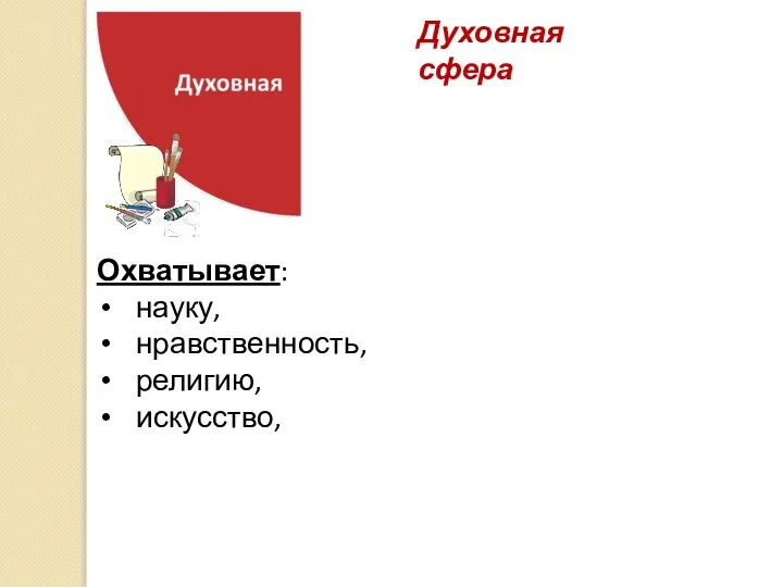 Охватывает: науку, нравственность, религию, искусство, научные учреждения, религиозные организации, учреждения культуры, соответствующую деятельность людей. Духовная сфера