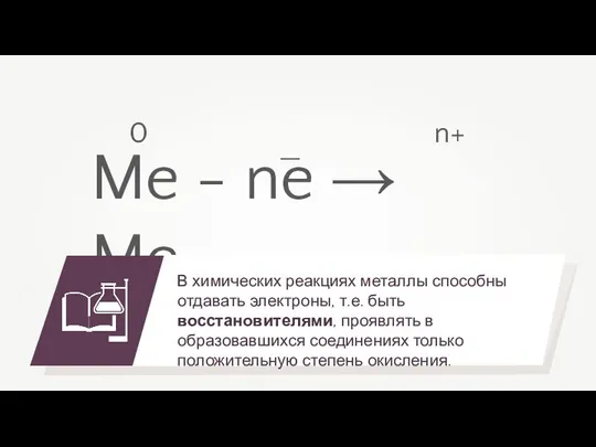 Me - ne → Me В химических реакциях металлы способны отдавать