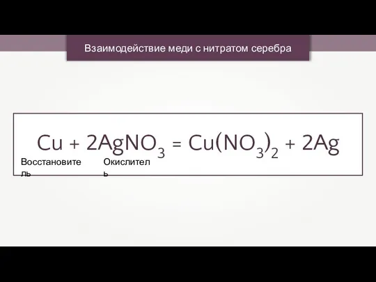 Взаимодействие меди с нитратом серебра Cu + 2AgNO3 = Cu(NO3)2 + 2Ag Окислитель Восстановитель