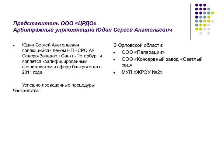 Представитель ООО «ЦРДО» Арбитражный управляющий Юдин Сергей Анатольевич Юдин Сергей Анатольевич