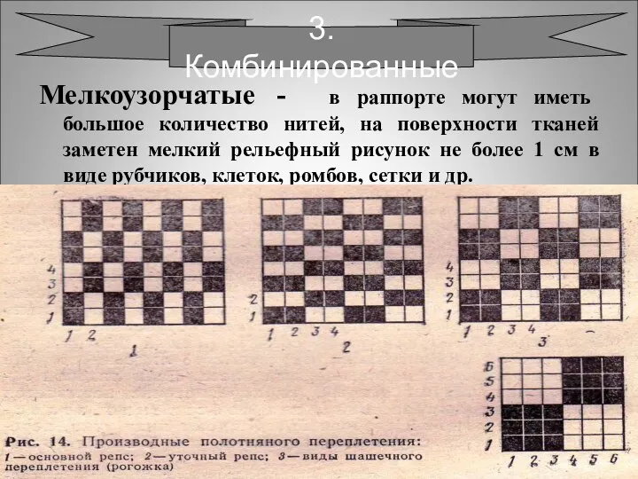 Мелкоузорчатые - в раппорте могут иметь большое количество нитей, на поверхности