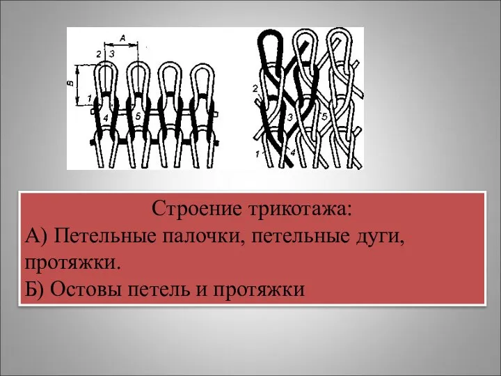 Строение трикотажа: А) Петельные палочки, петельные дуги, протяжки. Б) Остовы петель и протяжки