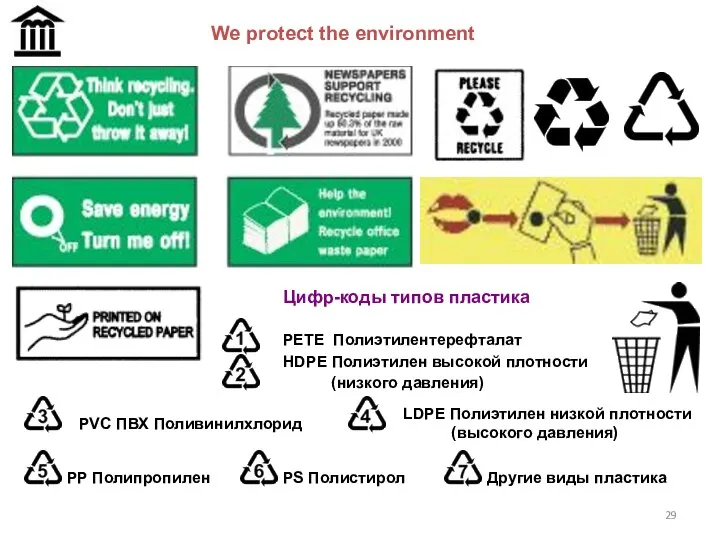 We protect the environment PETE Полиэтилентерефталат HDPE Полиэтилен высокой плотности (низкого