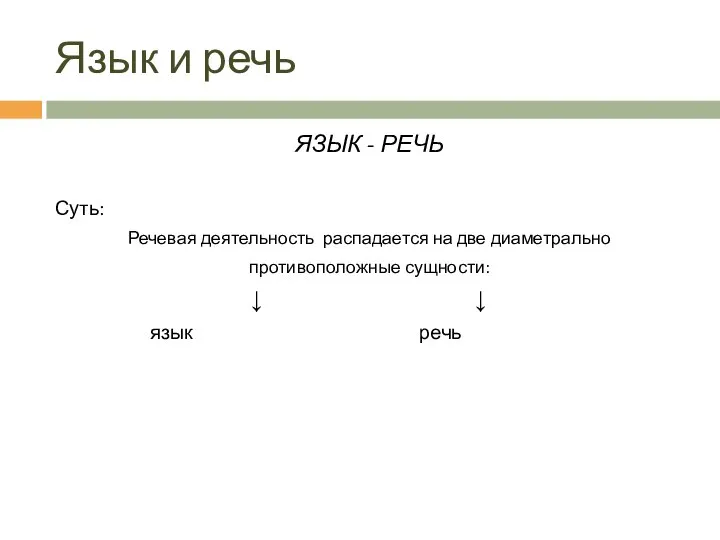 Язык и речь ЯЗЫК - РЕЧЬ Суть: Речевая деятельность распадается на