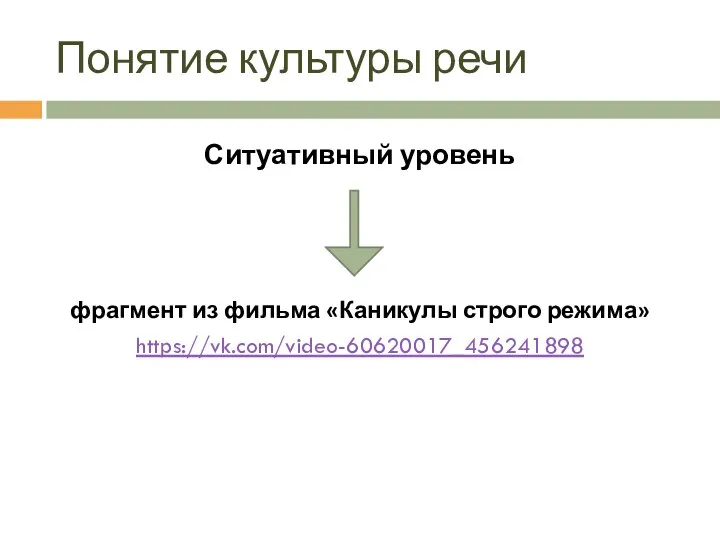 Понятие культуры речи Ситуативный уровень фрагмент из фильма «Каникулы строго режима» https://vk.com/video-60620017_456241898