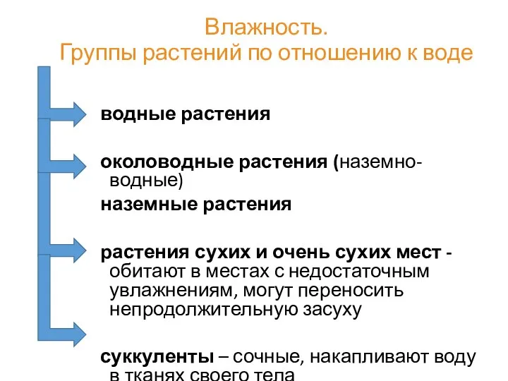 Влажность. Группы растений по отношению к воде водные растения околоводные растения