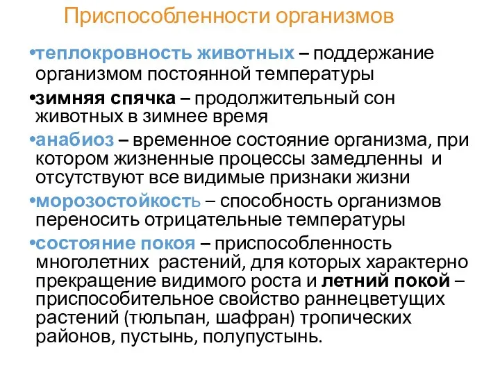 Приспособленности организмов теплокровность животных – поддержание организмом постоянной температуры зимняя спячка