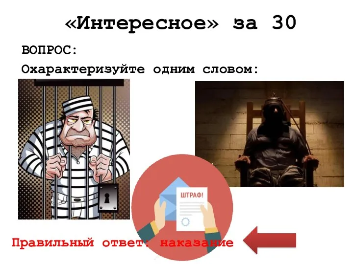 «Интересное» за 30 ВОПРОС: Охарактеризуйте одним словом: Правильный ответ: наказание