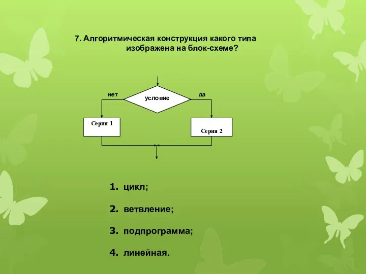 7. Алгоритмическая конструкция какого типа изображена на блок-схеме? цикл; ветвление; подпрограмма; линейная.