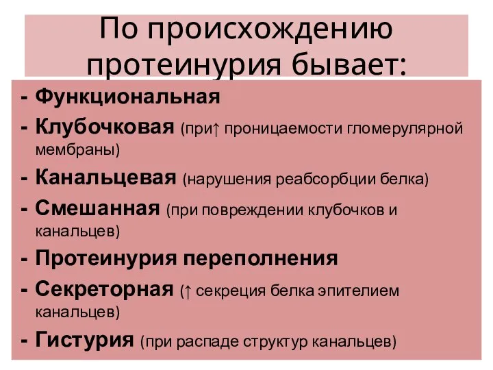 По происхождению протеинурия бывает: Функциональная Клубочковая (при↑ проницаемости гломерулярной мембраны) Канальцевая