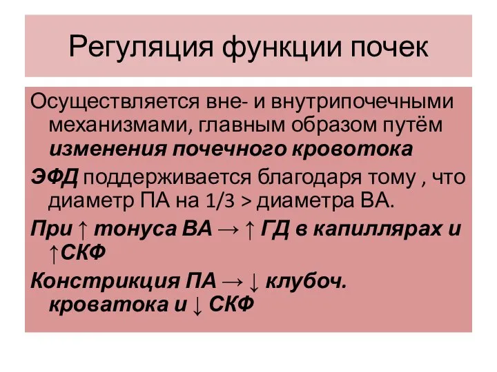 Регуляция функции почек Осуществляется вне- и внутрипочечными механизмами, главным образом путём