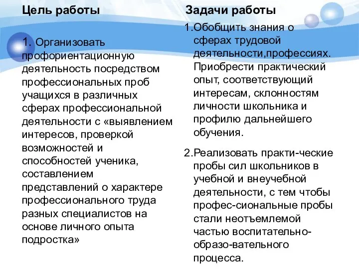 Цель работы 1. Организовать профориентационную деятельность посредством профессиональных проб учащихся в