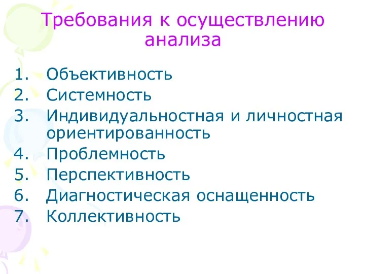 Требования к осуществлению анализа Объективность Системность Индивидуальностная и личностная ориентированность Проблемность Перспективность Диагностическая оснащенность Коллективность