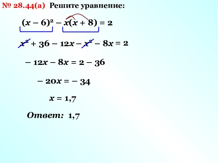 № 28.44(а) Решите уравнение: (х – 6)2 – х(х + 8)
