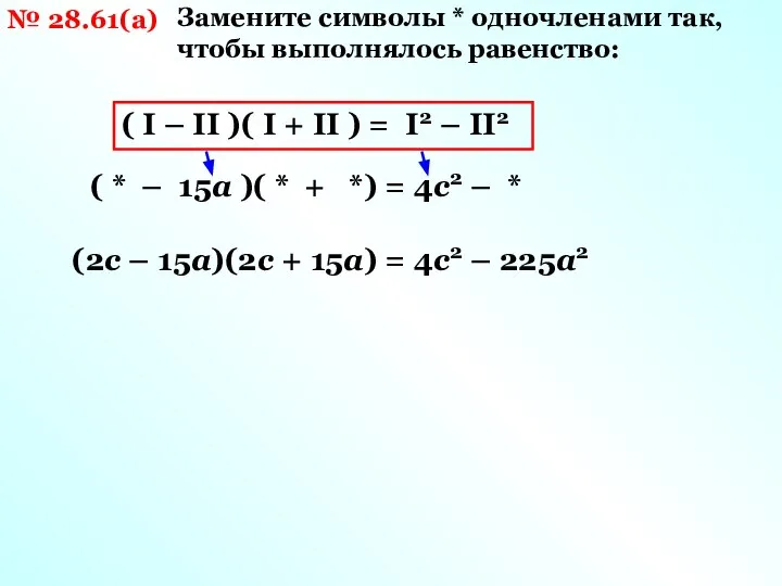 № 28.61(а) Замените символы * одночленами так, чтобы выполнялось равенство: (
