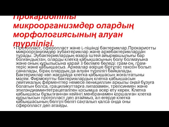 Прокариотты микроорганизмдер олардың морфологиясының алуан түрлілігі. Протопласт, сферопласт және L-пішінді бактериялар.Прокариотты