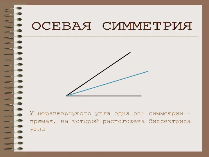 У неразвернутого угла одна ось симметрии – прямая, на которой расположена биссектриса угла ОСЕВАЯ СИММЕТРИЯ