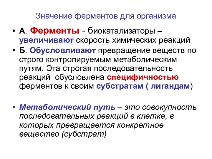 Значение ферментов для организма А. Ферменты - биокатализаторы –увеличивают скорость химических