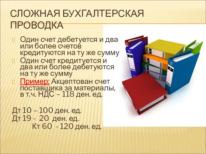 СЛОЖНАЯ БУХГАЛТЕРСКАЯ ПРОВОДКА Один счет дебетуется и два или более счетов