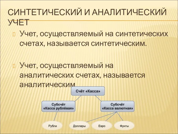 СИНТЕТИЧЕСКИЙ И АНАЛИТИЧЕСКИЙ УЧЕТ Учет, осуществляемый на синтетических счетах, называется синтетическим.