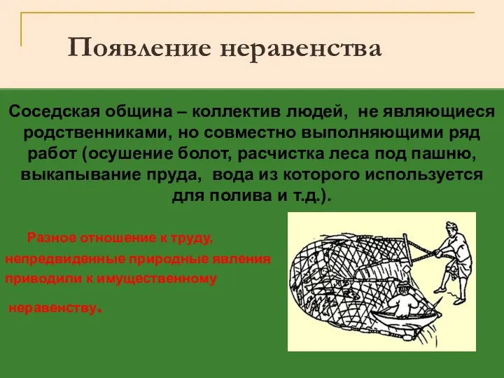 Появление неравенства Соседская община – коллектив людей, не являющиеся родственниками, но