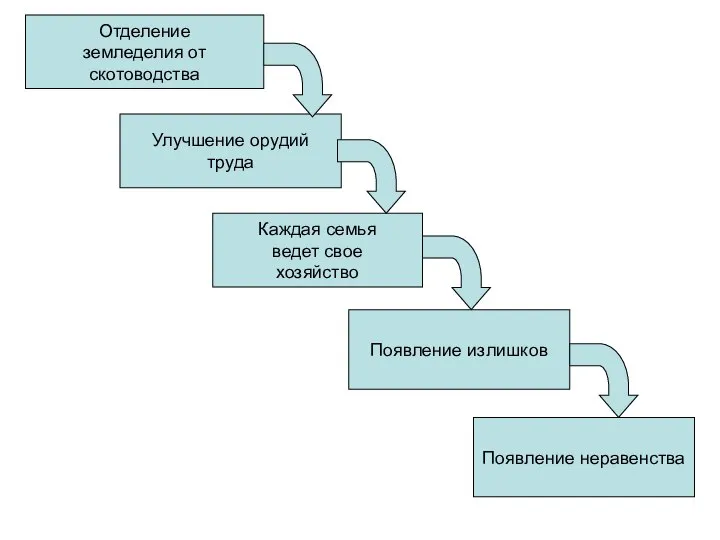 Отделение земледелия от скотоводства Улучшение орудий труда Каждая семья ведет свое хозяйство Появление излишков Появление неравенства