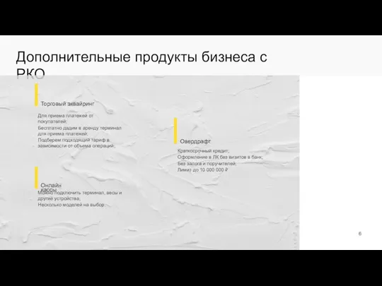 Дополнительные продукты бизнеса с РКО Торговый эквайринг Овердрафт Онлайн кассы Для