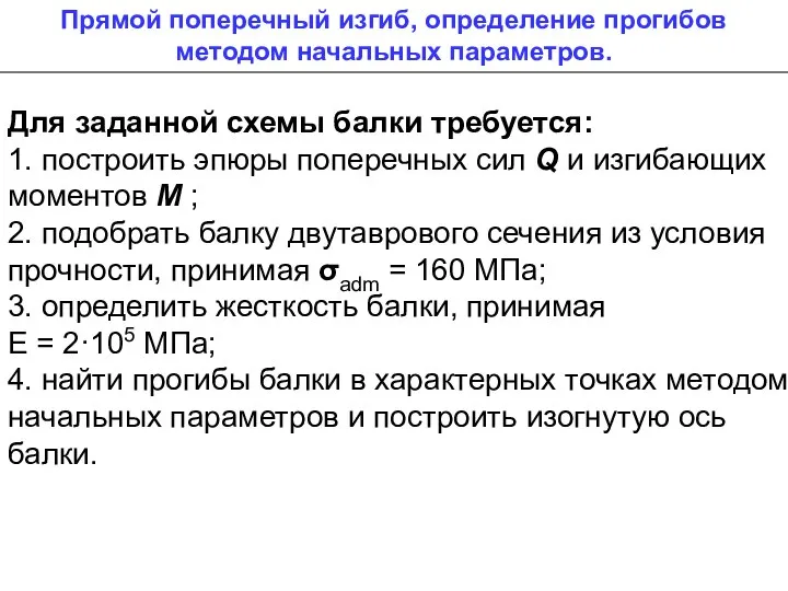 Прямой поперечный изгиб, определение прогибов методом начальных параметров. Для заданной схемы