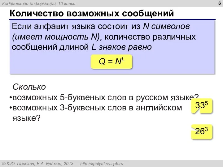 Количество возможных сообщений Если алфавит языка состоит из N символов (имеет