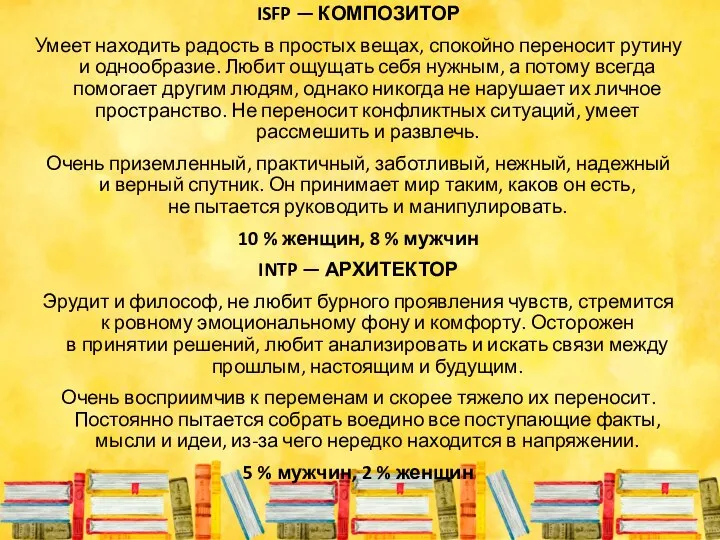 ISFP — КОМПОЗИТОР Умеет находить радость в простых вещах, спокойно переносит