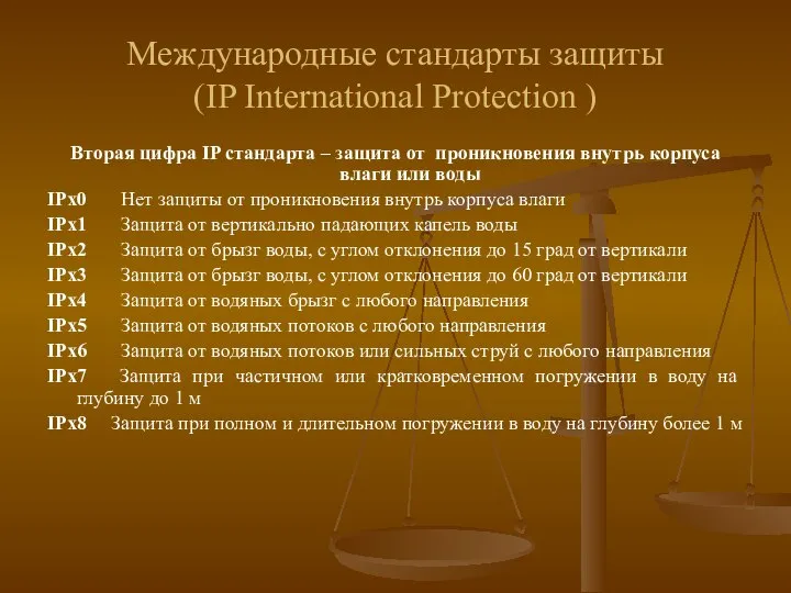 Международные стандарты защиты (IP International Protection ) Вторая цифра IP стандарта