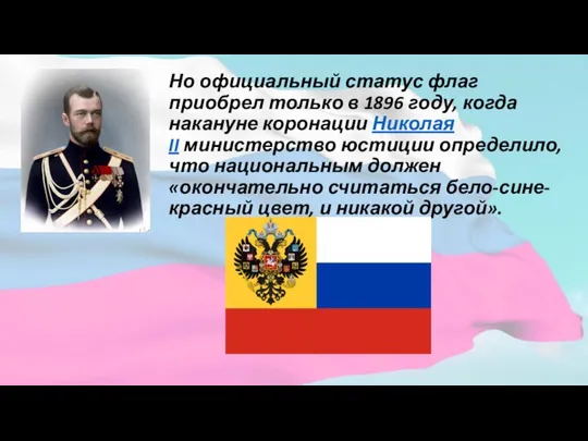 Но официальный статус флаг приобрел только в 1896 году, когда накануне