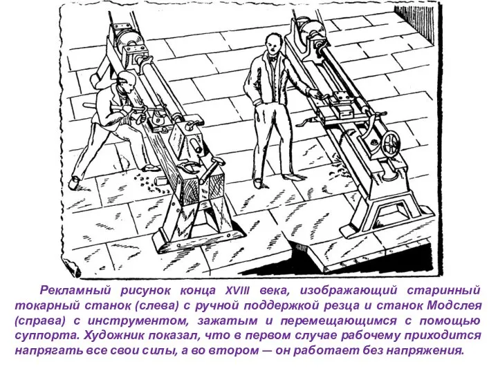 Рекламный рисунок конца XVIII века, изображающий старинный токарный станок (слева) с