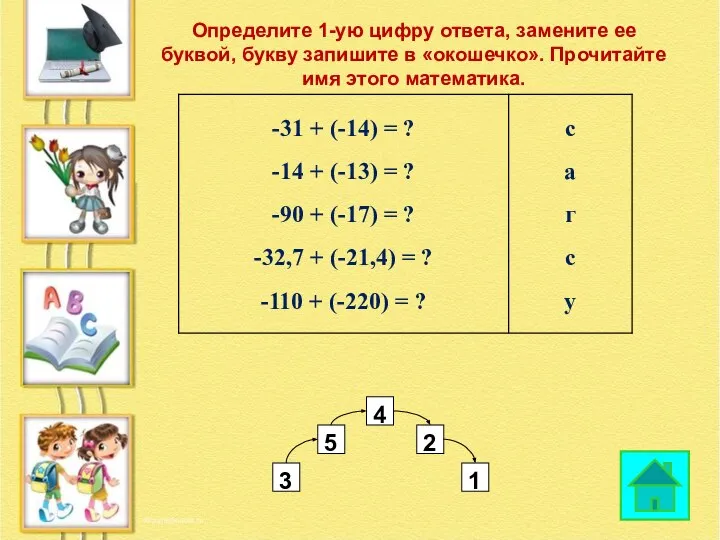 Определите 1-ую цифру ответа, замените ее буквой, букву запишите в «окошечко». Прочитайте имя этого математика.