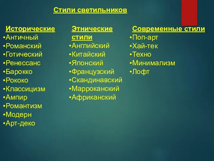 Стили светильников Исторические Античный Романский Готический Ренессанс Барокко Рококо Классицизм Ампир