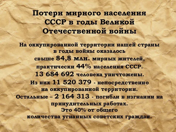 Потери мирного населения СССР в годы Великой Отечественной войны На оккупированной
