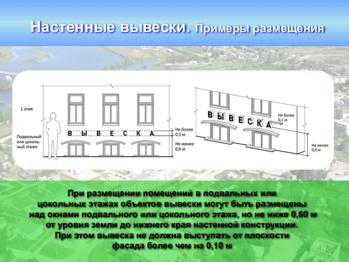 При размещении помещений в подвальных или цокольных этажах объектов вывески могут