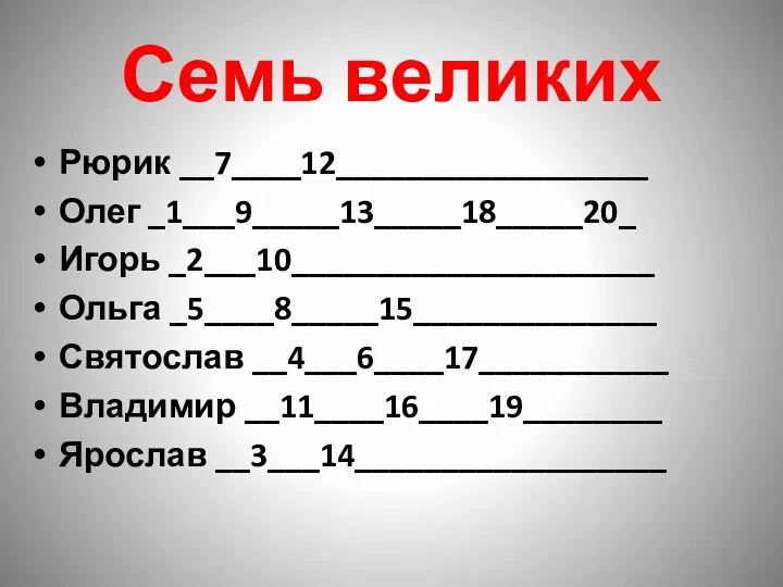 Семь великих Рюрик __7____12__________________ Олег _1___9_____13_____18_____20_ Игорь _2___10_____________________ Ольга _5____8_____15______________ Святослав __4___6____17___________ Владимир __11____16____19________ Ярослав __3___14__________________