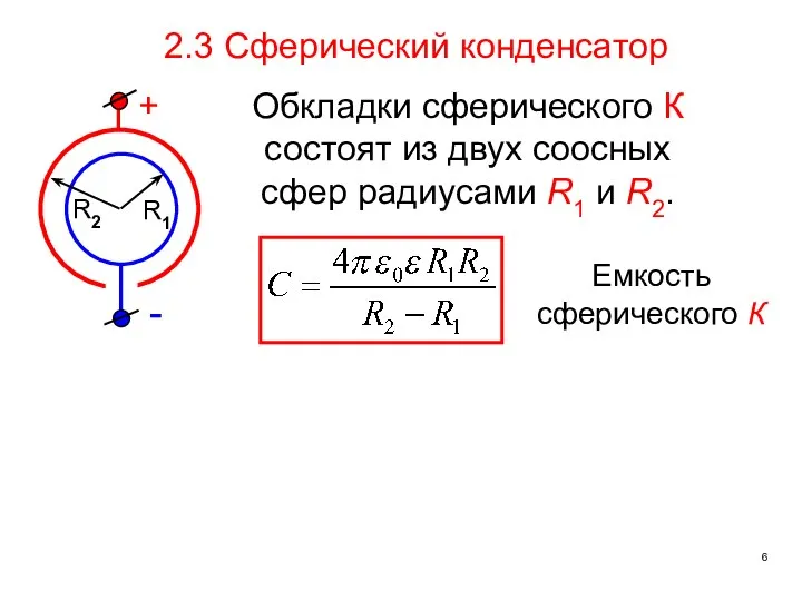 2.3 Сферический конденсатор Обкладки сферического К состоят из двух соосных сфер