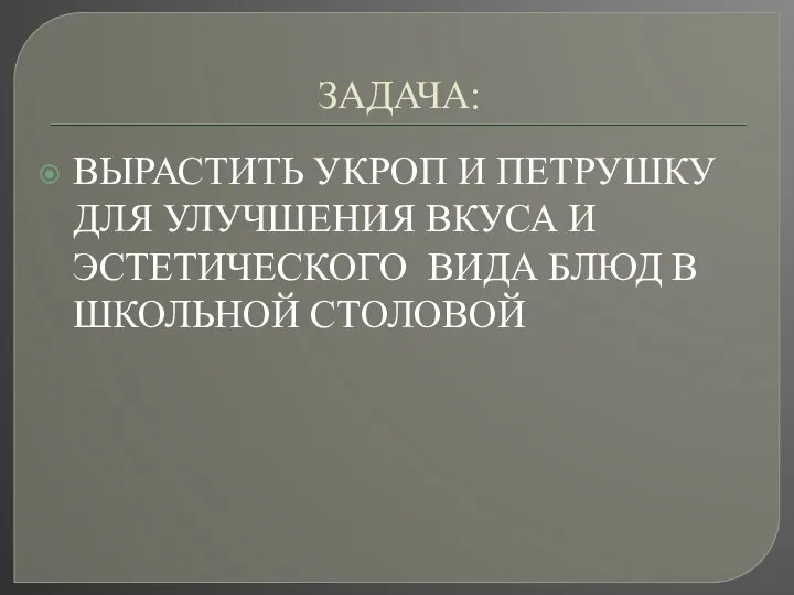 ЗАДАЧА: ВЫРАСТИТЬ УКРОП И ПЕТРУШКУ ДЛЯ УЛУЧШЕНИЯ ВКУСА И ЭСТЕТИЧЕСКОГО ВИДА БЛЮД В ШКОЛЬНОЙ СТОЛОВОЙ