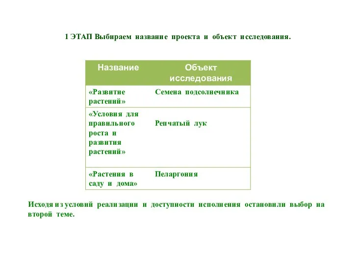 1 ЭТАП Выбираем название проекта и объект исследования. Исходя из условий