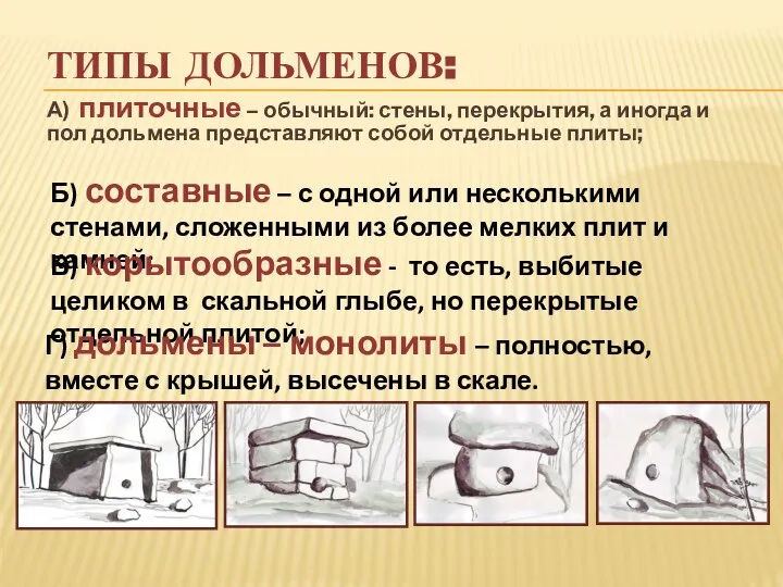 ТИПЫ ДОЛЬМЕНОВ: А) плиточные – обычный: стены, перекрытия, а иногда и