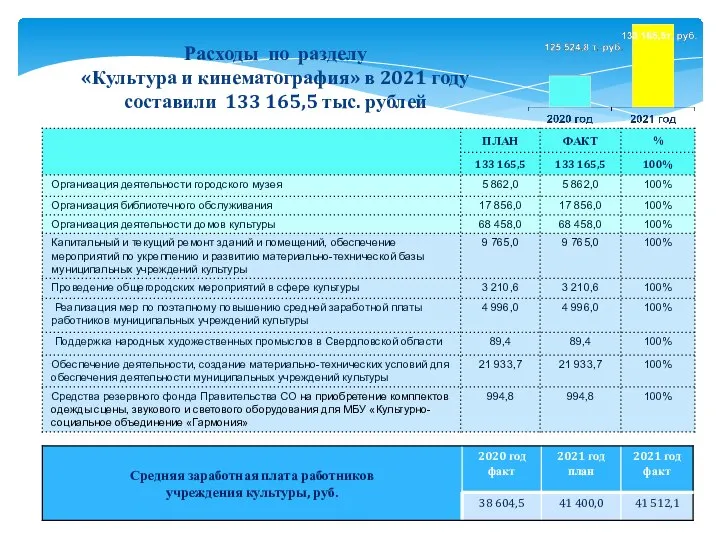 Расходы по разделу «Культура и кинематография» в 2021 году составили 133 165,5 тыс. рублей