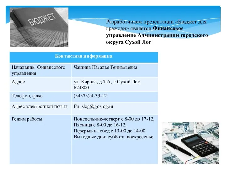 Разработчиком презентации «Бюджет для граждан» является Финансовое управление Администрации городского округа Сухой Лог