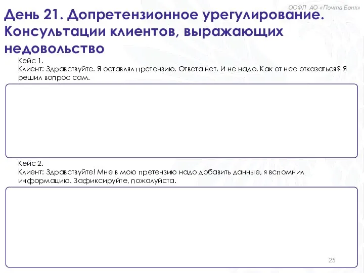 День 21. Допретензионное урегулирование. Консультации клиентов, выражающих недовольство Кейс 1. Клиент: