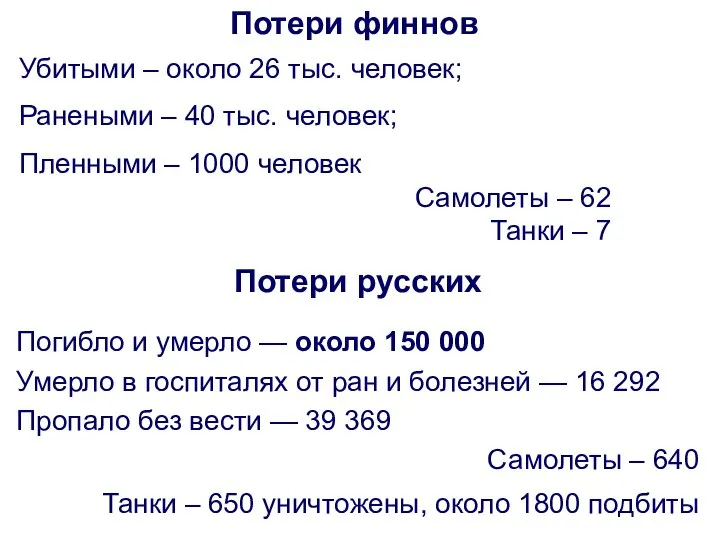 Потери русских Погибло и умерло — около 150 000 Умерло в
