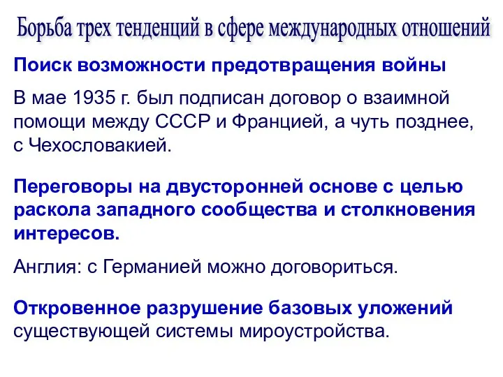 Борьба трех тенденций в сфере международных отношений Поиск возможности предотвращения войны